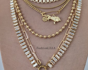 Chunky layered necklace set gold, multi chain safety pin necklace,  crystal and chain lariat,  stainless steel wide choker, pendant necklace