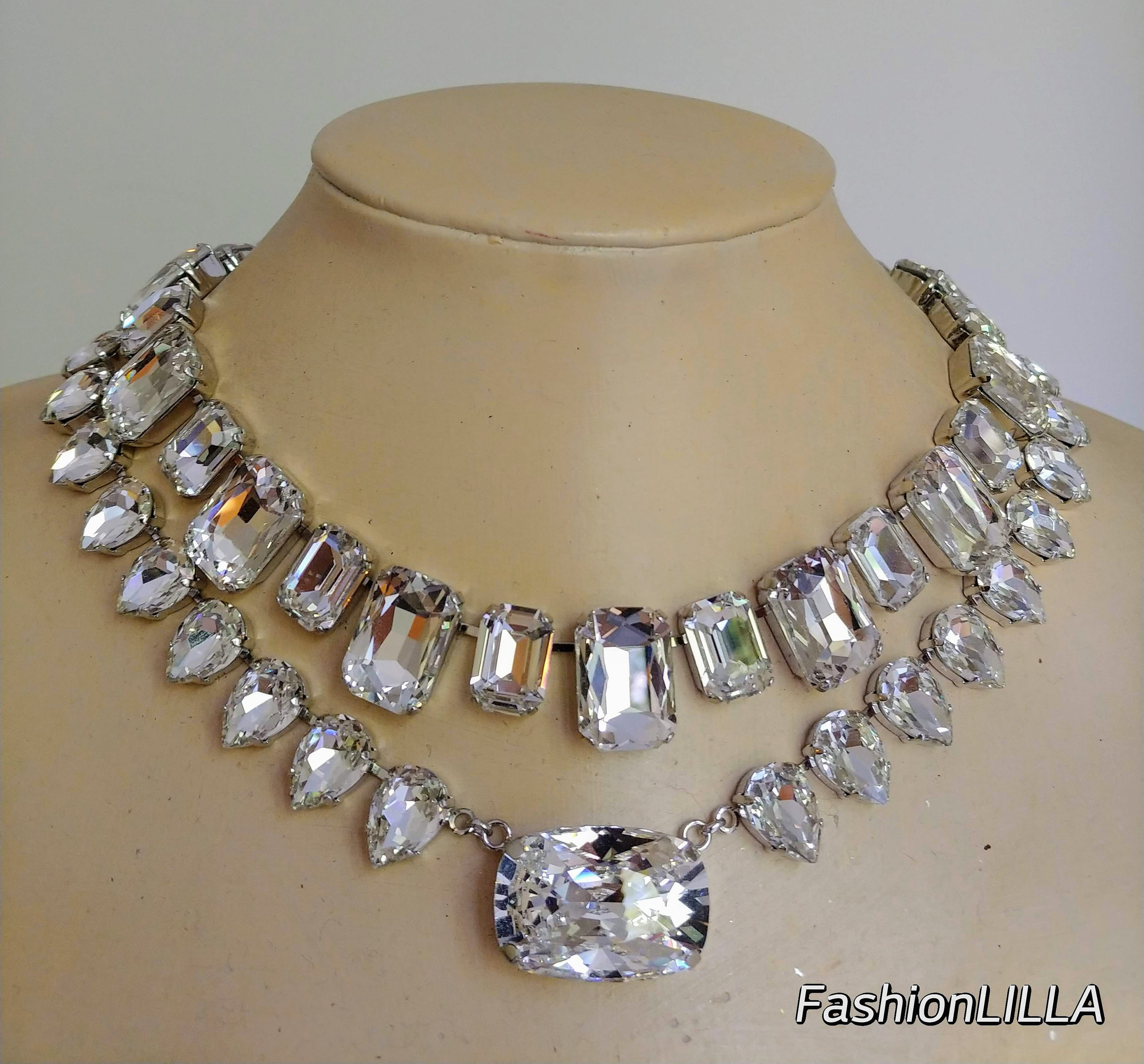 Art Deco Necklace - 1940s Cocktail Jewellery - Huge Diamante Stones