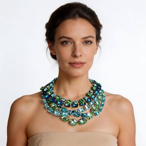 Austrian Crystal Statement Necklace: Aquamarine, Sapphire, Crystolite Green