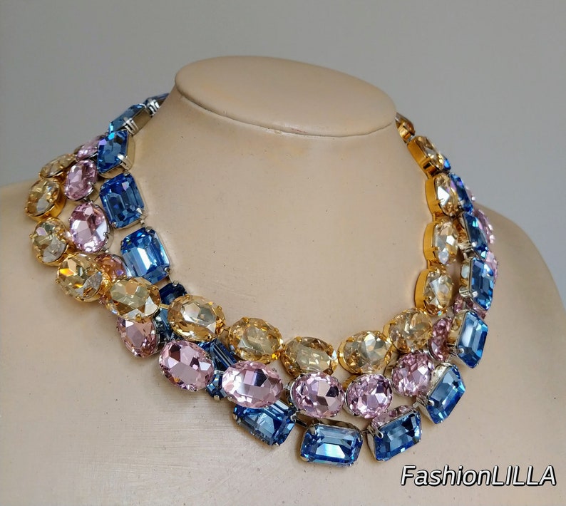 anna wintour necklace, sapphire octagon Austrian crystal riviere, pink large oval collet silver, champagne Georgian paste, mother of bride zdjęcie 9