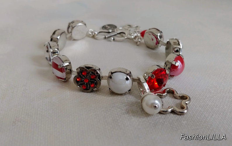 charm bracelet,multicolor rhinestone bracelet,whimsical bracelet,red bracelet,colorful jewellery,summer jewellery,red and white bracelet