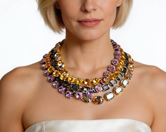 Swarovski Crystal Statement Necklace: Champagne, Black Diamond, & Light Pink