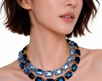 Sapphire Anna Wintour Style Necklace, Chunky Blue Austrian Crystal Riviere Gold, Old Money Jewellery