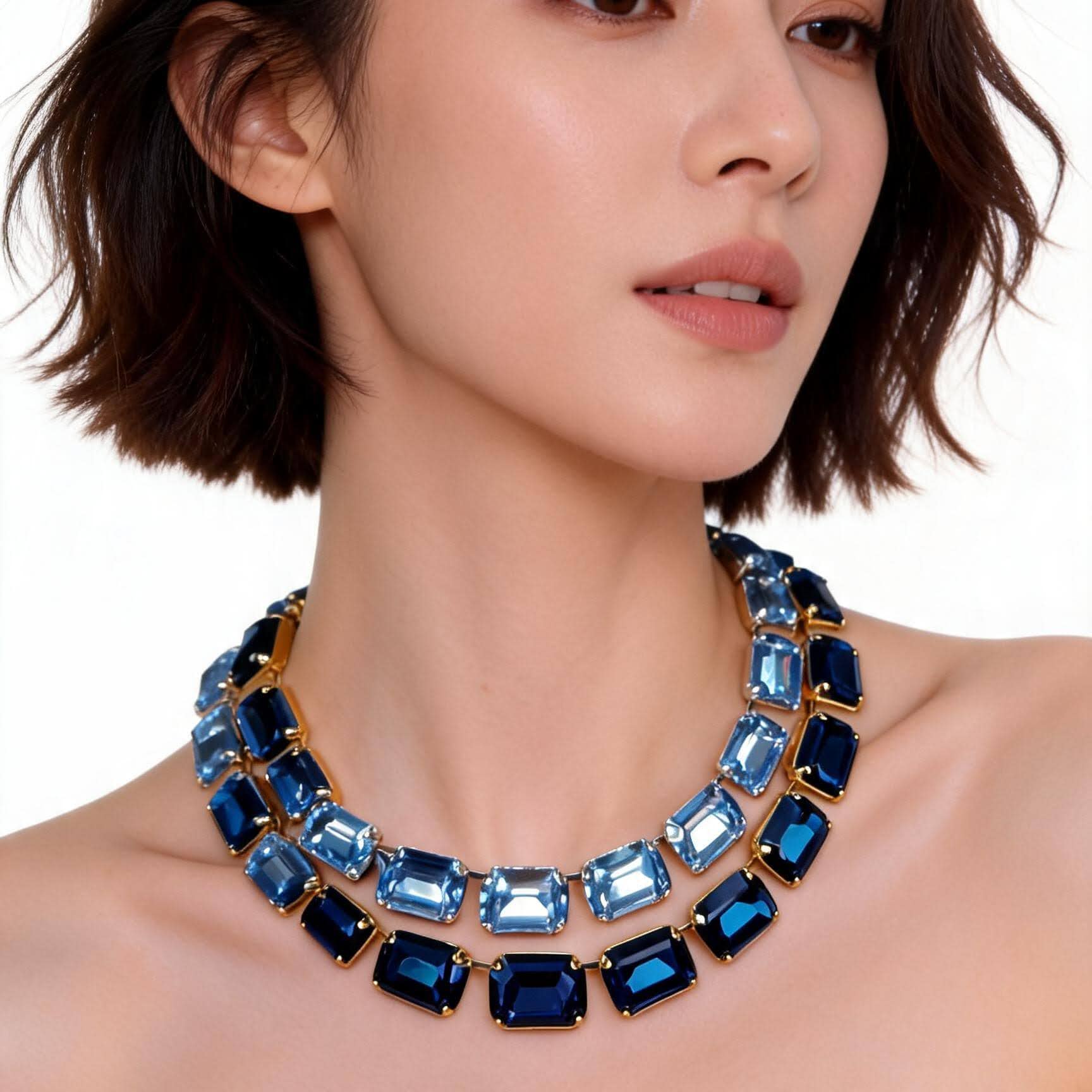Sapphire Anna Wintour Style Necklace, Chunky Blue Austrian Crystal Riviere Gold, Old Money Jewellery