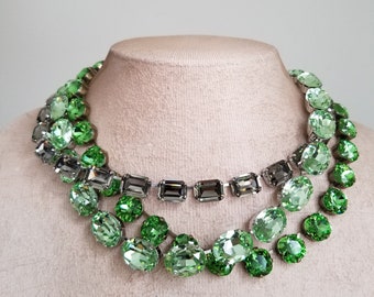 anna wintour necklace, cushion cut peridot necklace, black diamond Austrian crystal collet, crystolite green oval riviere, Georgian paste