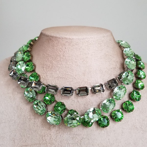 anna wintour necklace, cushion cut peridot necklace, black diamond Austrian crystal collet, crystolite green oval riviere, Georgian paste