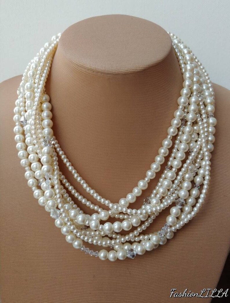 Chunky pearl and crystal multistrand statement necklaceBoho | Etsy