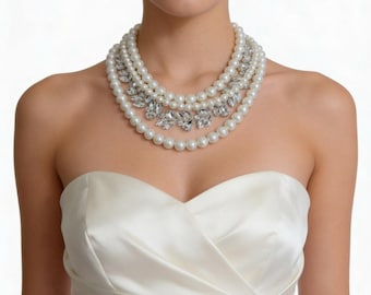 Chunky Ivory Pearl Rhinestone Statement Necklace: Layered Bridal Boho Wedding Necklace