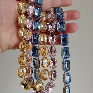 anna wintour necklace, sapphire octagon Austrian crystal riviere, pink large oval collet silver, champagne Georgian paste, mother of bride zdjęcie 5