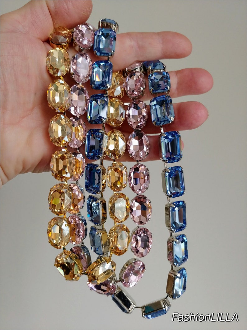 anna wintour necklace, sapphire octagon Austrian crystal riviere, pink large oval collet silver, champagne Georgian paste, mother of bride zdjęcie 5