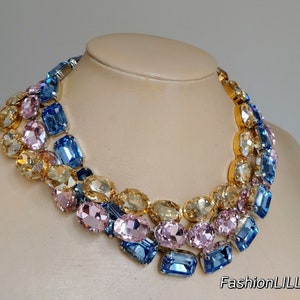 anna wintour necklace, sapphire octagon Austrian crystal riviere, pink large oval collet silver, champagne Georgian paste, mother of bride zdjęcie 2