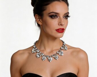 Chunky Diamond Crystal Charm Necklace: Boho Silver Bib, Geometric Statement Choker