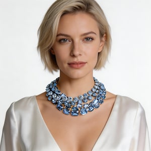 Swiss Topaz Anna Wintour Style Necklace, Soft Blue Chunky Crystal Riviere, Mother of Bride