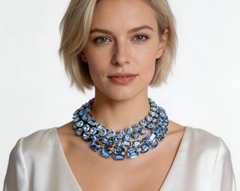 スイストパーズ、アナ・ウィンター風ネックレス、ソフトブルーのチャンキークリスタルリヴィエール、花嫁の母向け