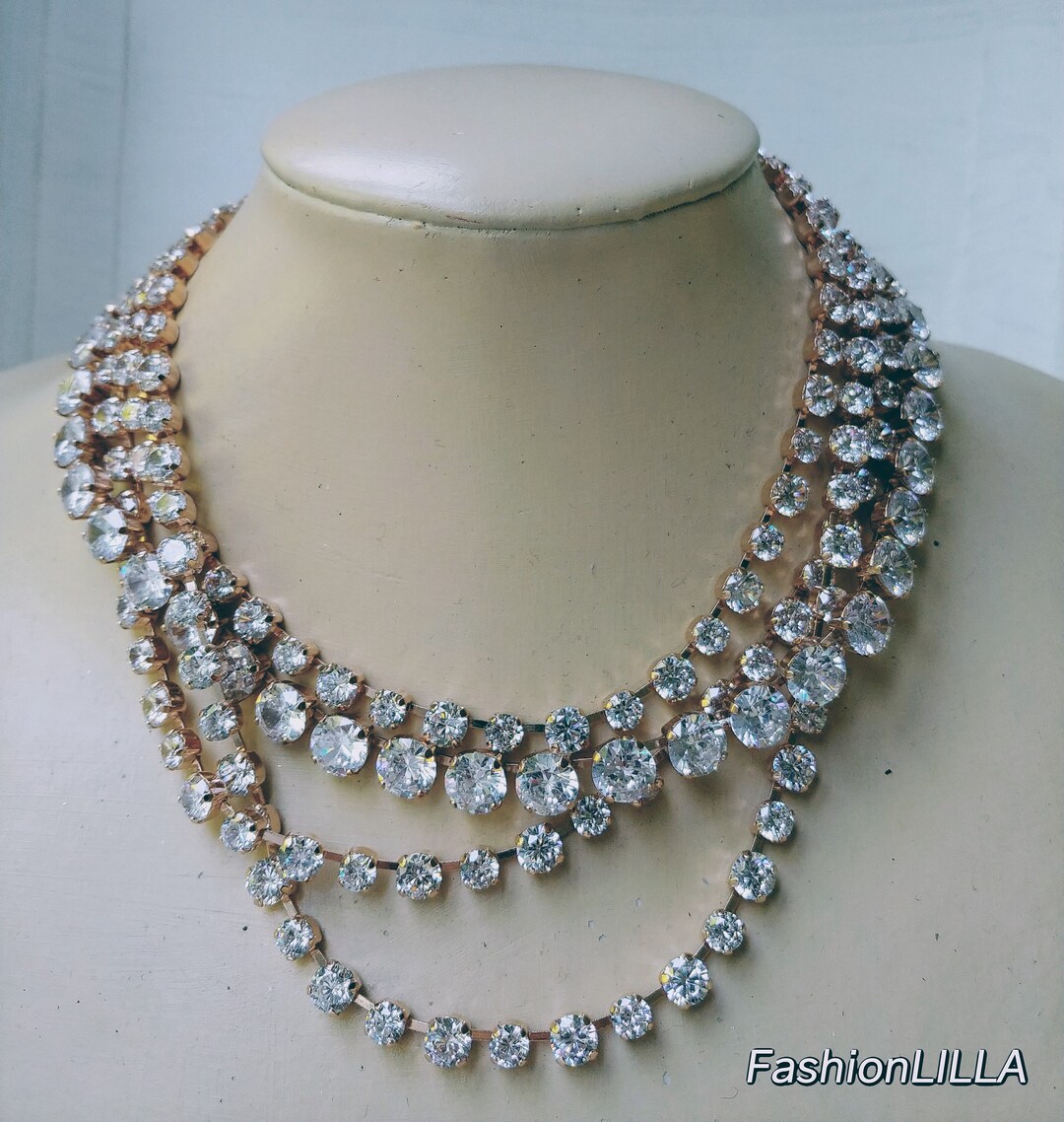 Rhinestone Bridal Necklace, Rose Gold Wedding Jewelry for Brides, Glamorous Bijoux, Diamante