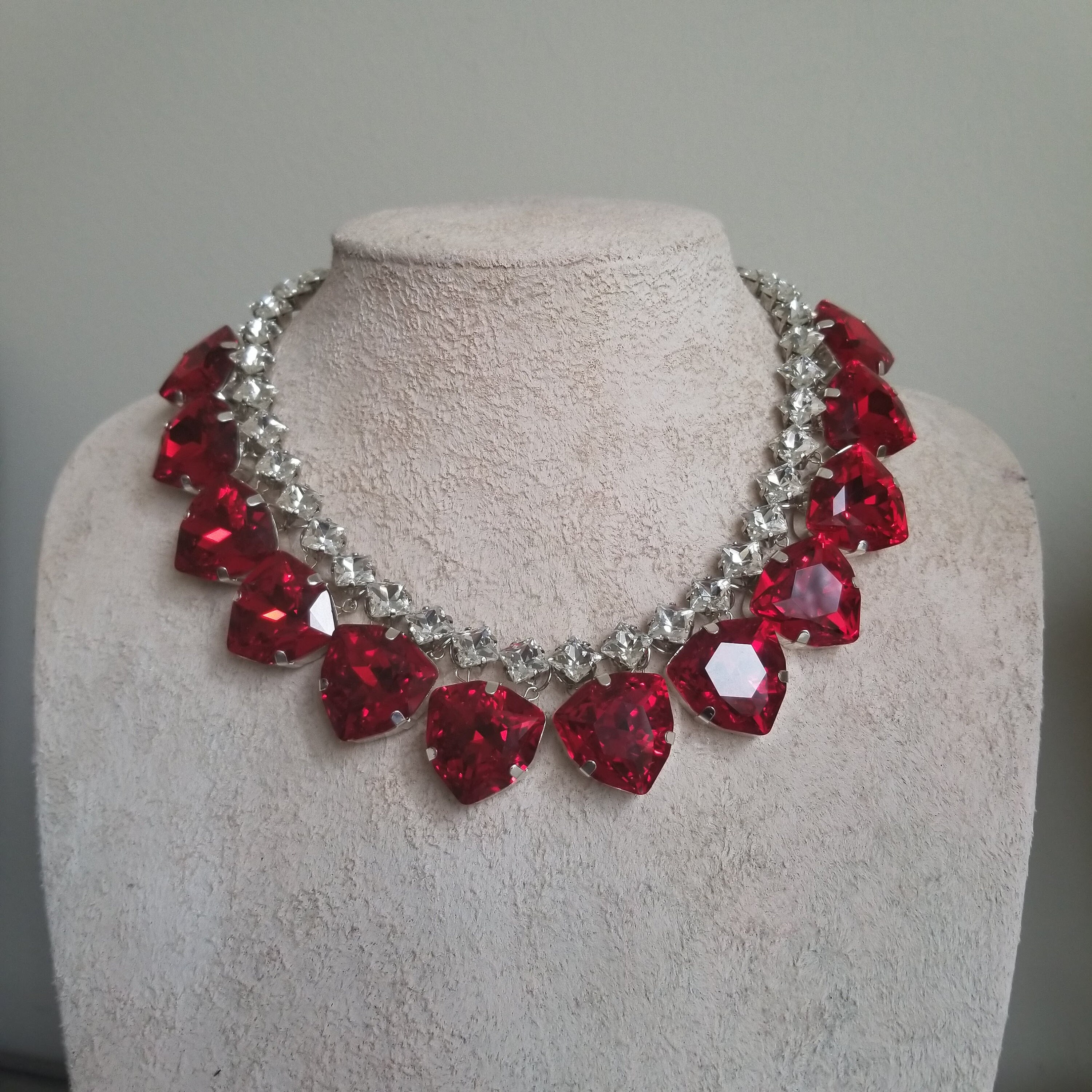 Siam Ruby Trilliant Boho Necklace Austrian Crystal Necklace Ruby Red and Diamond Statement Jewelry Geometric Bib Necklace Queen Necklace Etsy Hong Kong