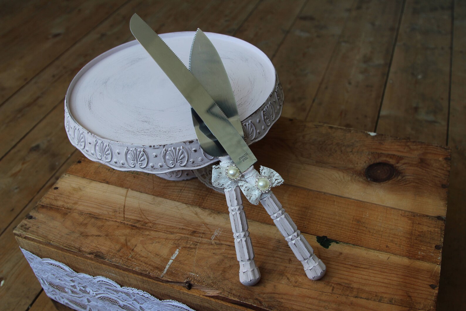 Blush Pink and Rose Gold Distressed Cake Stand and Knife Set. Etsy