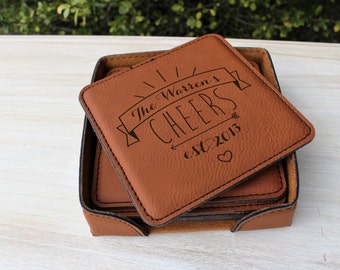 25th Anniversary Leather Gift Personalized Cheers Coasters, Custom Anniversary Gift, Housewarming Gift, Engraved Coasters, Wedding Gift