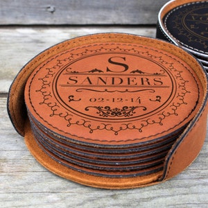 3rd Anniversary Leather Gift, Leather Wedding Anniversary Gift, Leather Coasters set of 6 with holder and Personalized laser engraving image 5