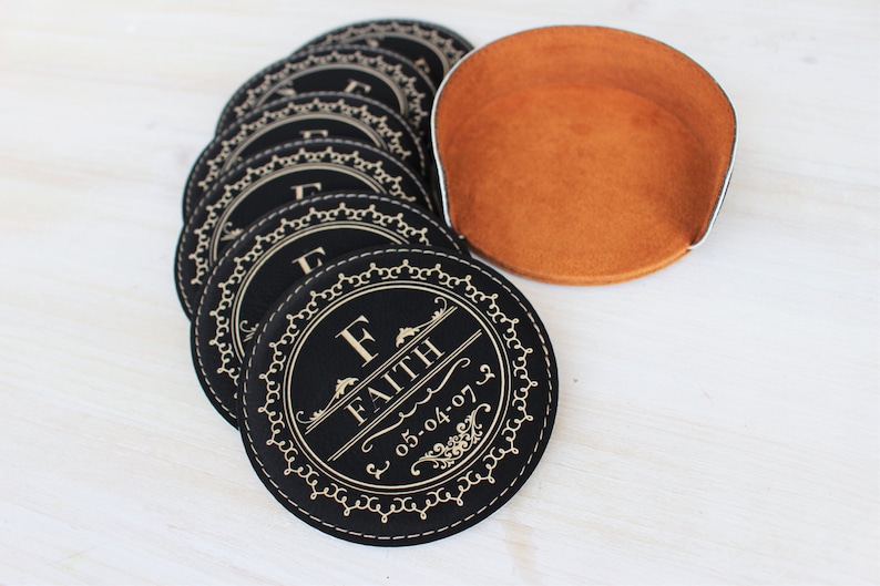 3rd Anniversary Leather Gift, Leather Wedding Anniversary Gift, Leather Coasters set of 6 with holder and Personalized laser engraving image 2