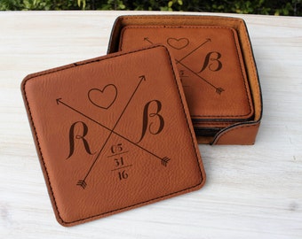 Initials Name Custom Coaster Set of 4 w Holder, Custom Personalized Coaster Set, Custom Wedding gift, Personalized Shower gift, Holiday gift