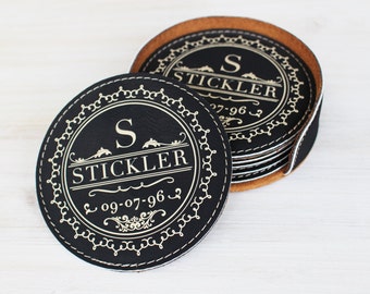 5th Anniversary Leather Gift Coasters, Leather Custom Wedding Gift, Leather Coasters set of 6 with holder and Personalized laser engraving