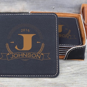 Last Name Custom Coaster Set of 4 with Holder, Custom Personalized Coaster Set, Custom Wedding gift, Personalized Shower gift, Holiday gift