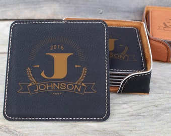 Last Name Custom Coaster Set of 4 with Holder, Custom Personalized Coaster Set, Custom Wedding gift, Personalized Shower gift, Holiday gift