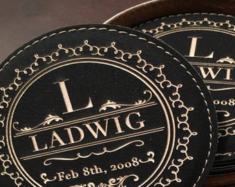 9th Anniversary Leather Gift, Leather Wedding Anniversary Gift, Leather Coasters set of 6 with holder and Personalized laser engraving