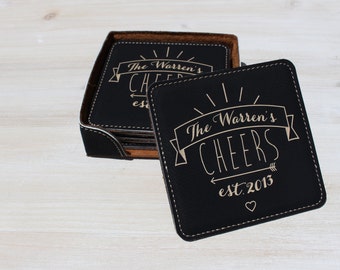 50th Anniversary Leather Gift Personalized Cheers Coasters, Custom Anniversary Gift, Housewarming Gift, Engraved Coasters, Wedding Gift