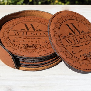 3rd Anniversary Leather Gift, Leather Wedding Anniversary Gift, Leather Coasters set of 6 with holder and Personalized laser engraving