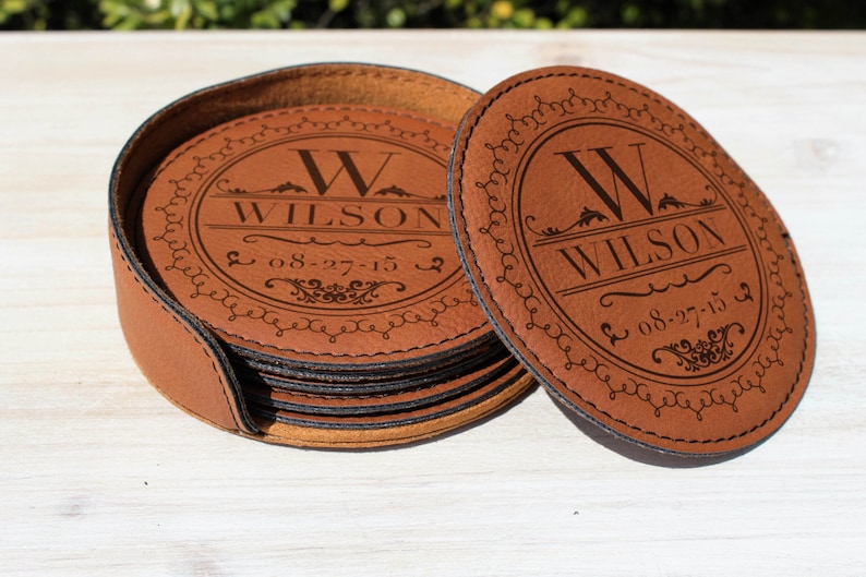 3rd Anniversary Leather Gift, Leather Wedding Anniversary Gift, Leather Coasters set of 6 with holder and Personalized laser engraving image 1