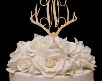 Wooden Antler Cake Topper - Initial Cake Topper - Monogram Cake Topper - Rustic Wedding Cake Topper - Antler Decor