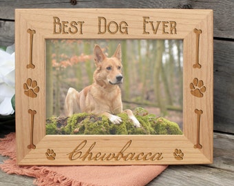 Dog Name Picture Frame Engraved on Wood - Personalized Doggy Bone Picture Frame With Dogs Name - Pawprints - Custom Engraved Frame