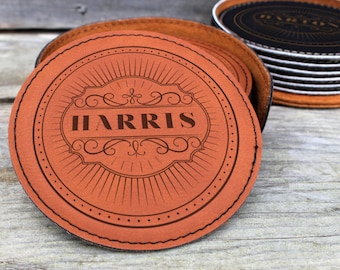 Personalized coaster set, monogram coasters, Leather Coaster Set, Unique Wedding Gifts, Housewarming Gift, Engraved Coaster