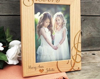 Personalized Sisters Picture Frame, Wood Frame, Birthday Gift, Name Engraved, Wood Burned Frame, Engraved Frame, Family Engraved Names