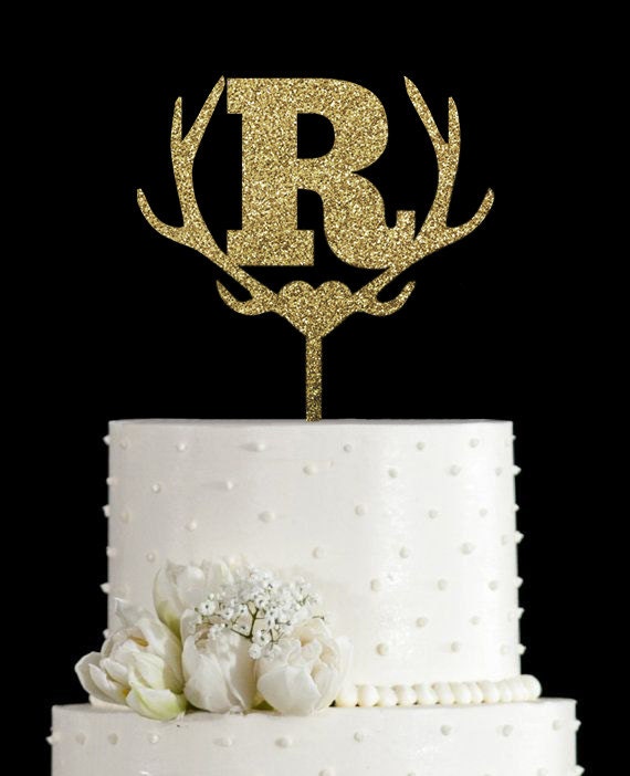 Wooden Antler Cake Topper Initial Cake Topper Monogram Etsy