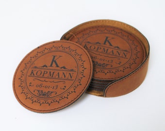 9th Anniversary Leather Gift, Leather Wedding Anniversary Gift, Leather Coasters set of 6 with holder and Personalized laser engraving