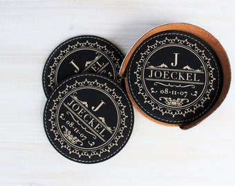 Anniversary Leather Gift, Leather Wedding Anniversary Gift, Leather Coasters set of 6 with holder and Personalized laser engraving