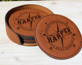 Leather Coaster Set, Personalized Coasters, Unique Wedding Gifts, Housewarming Gift, Engraved Coaster, Custom Coasters