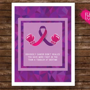 Peut inclure: Une affiche motivante avec un ruban violet et des gants de boxe, symbolisant la lutte contre le cancer. Le texte dit : « Évidemment, le cancer n'a pas réalisé que vous avez plus de combativité qu'un enfant au coucher. » Un cœur rose avec « Rude Love » est en haut à droite.