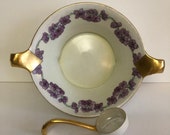 Antique Double Handled Prov Saxe E. S. Handpainted Dish Porcelain Purple Floral Pattern Porcelain Bowl Gold Edge with Spoon Signed Germany