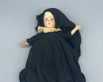 Vintage Nun Doll Antique Black White Habit Robe Holy Sister Catholic Nun Collectible Doll Religious Decor Art Doll