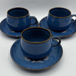 Vintage Blue Denby Langley Coffee Cups Saucers Teacups English Stoneware Pottery Hand Made in England Rams Head Logo Tea Cup Saucer