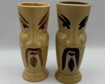 Pair of Fu Manchu Tiki Bar Mugs: Tall Ceramic Polynesian Cocktail Cups (DW118)