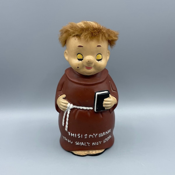 Vintage Ceramic Friar Tuck Bank Monk Statue Priest Bald Head Fur Brown Robe Figurine Thou Shalt Not Steal Franciscan Merry Men Robin Hood