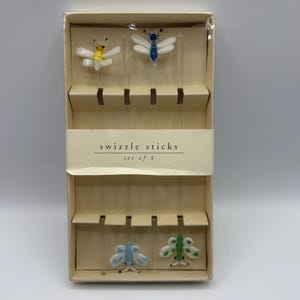 4 Vintage Glass Butterfly Cocktail Drink Stirrers Swizzle Sticks Stir Sticks Barware Cocktail Party Bar Cart Summer Art Glass Bee Dragonfly