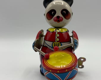 Vintage 1990s Tin Toy Panda Bear Drummer with Key