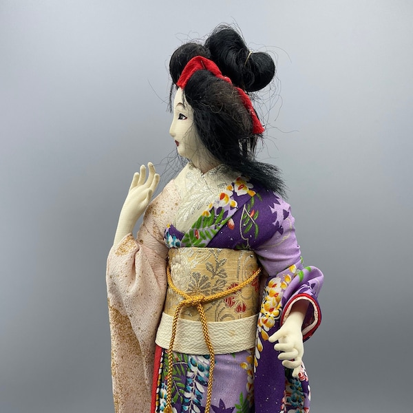 Gorgeous Vintage Geisha Japanese Traditional Fabric Doll Woman Colorful Kimono Large Fabric Art Doll Figurine Black Lacquer Base Beauty