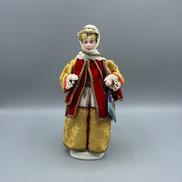 Vintage Evelt Hellenic Greek Porcelain Doll Traditional Greece Costume Handmade Fabric Clothing Benaki Museum Female Gold Robe Red Gold Trim